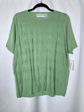Alfred Dunner Classics Lime Green Textured Short Sleeve Knit Sweater L Coastal